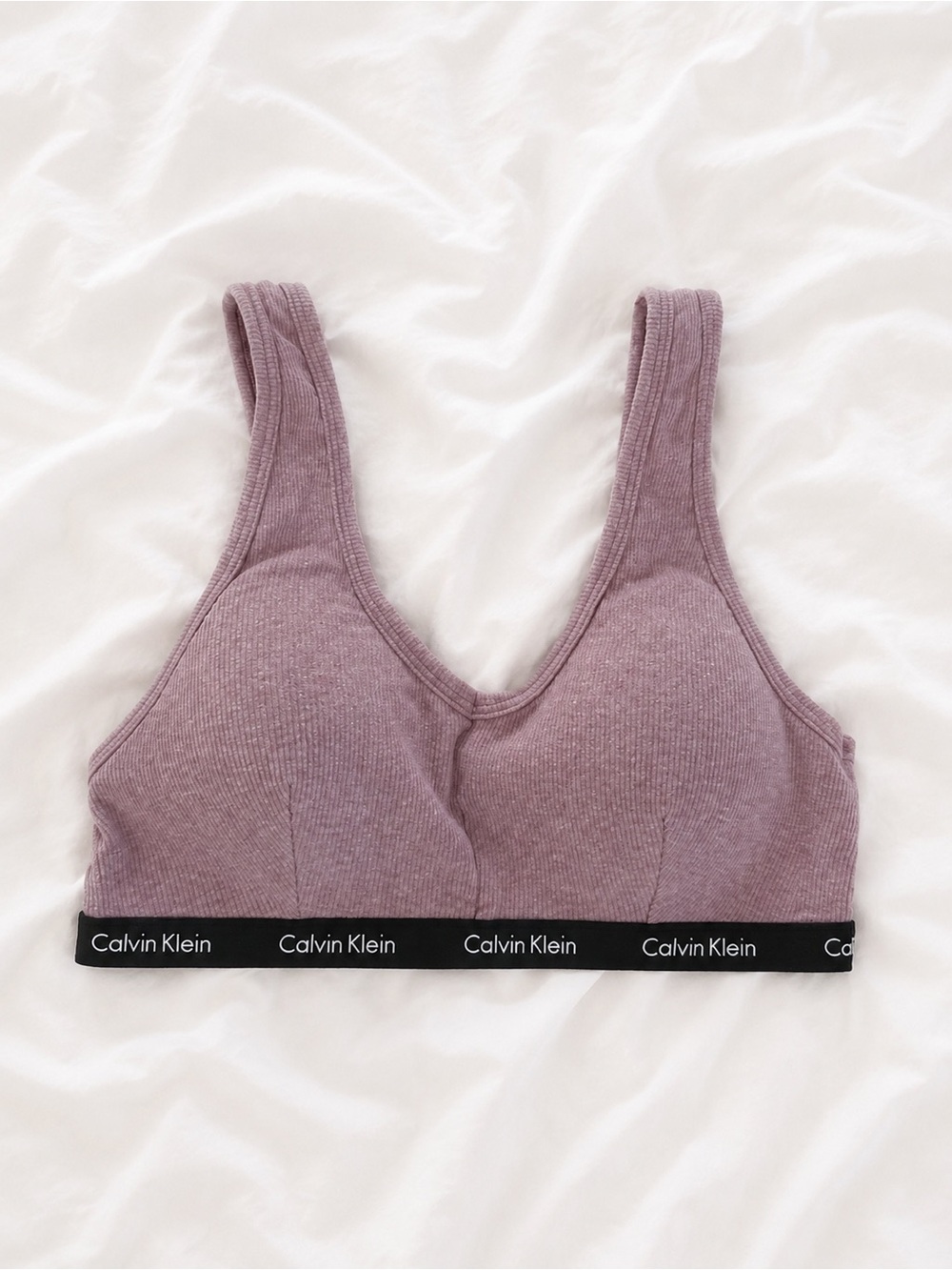 Calvin Klein Ribbed Scoop Bralette in Dusty Mauve with Black Logo Band